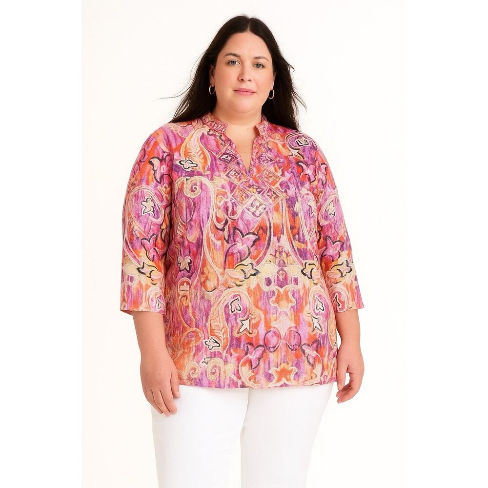 Chico's Tunic Top Size 20 Watercolor Pink Paisley Beaded 3/4 Sleeves‎ Artsy Boho